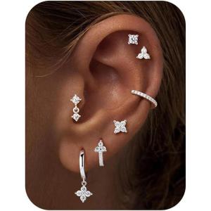 image:imageTurandoss Gold Hoop Earrings for Women 14K Gold Plated Hypoallergenic CZ Earrings Hoop amp Stud Earrings for Women Cartilage Earring Stacks for Multiple PiercingsSilver Clover Hoop Earring