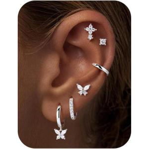 image:imageTurandoss Gold Hoop Earrings for Women 14K Gold Plated Hypoallergenic CZ Earrings Hoop amp Stud Earrings for Women Cartilage Earring Stacks for Multiple PiercingsSilver Butterfly Hoop Earring