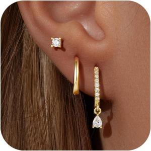 image:imageTurandoss Gold Hoop Earrings for Women Trendy  14K Gold Plated Hypoallergenic CZ Stud Earrings Dainty Dangle Huggie Cubic Zirconia Earring Stacks for Women Hoops Earring Set for Multiple Piercing14K Gold Plated