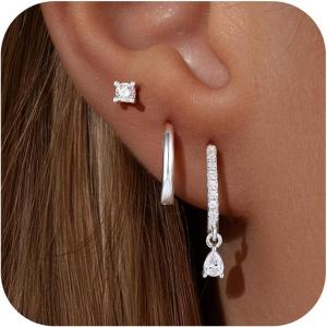 image:imageTurandoss Gold Hoop Earrings for Women Trendy  14K Gold Plated Hypoallergenic CZ Stud Earrings Dainty Dangle Huggie Cubic Zirconia Earring Stacks for Women Hoops Earring Set for Multiple PiercingSilver Plated