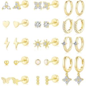image:imageTurandoss 14 Pairs Hypoallergenic Flat Back Earrings for Women 14K Gold Plated Stud amp Hoop Earrings Dainty Cartilage Earring Stack Set for Multiple Piercing Jewelry14K Gold Plated