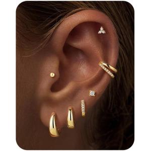 image:imageTurandoss 7 Pairs Gold Hoop Earrings for Women 14K Gold Plated Hypoallergenic Small Huggie Hoops Earrings CZ Stud Earrings Stack Cartilage Piercing Jewelry for Multiple Piercingsgold