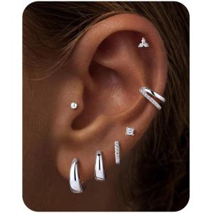 image:imageTurandoss 7 Pairs Gold Hoop Earrings for Women 14K Gold Plated Hypoallergenic Small Huggie Hoops Earrings CZ Stud Earrings Stack Cartilage Piercing Jewelry for Multiple Piercingssliver