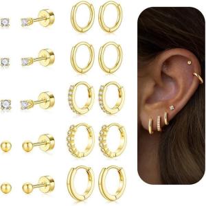 image:imageTurandoss Gold Hoop Earrings for Women Hypoallergenic 14K Gold Plated Stud Hoop Earrings Flat Back Cartilage Cubic Zirconia Earring Stacks for Multiple Piercing Earrings for Women14K Gold Plated