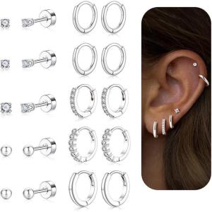 image:imageTurandoss Gold Hoop Earrings for Women Hypoallergenic 14K Gold Plated Stud Hoop Earrings Flat Back Cartilage Cubic Zirconia Earring Stacks for Multiple Piercing Earrings for WomenSilver Plated