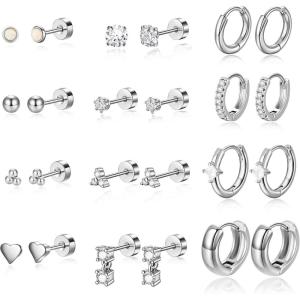 image:imageTurandoss Huggie Hoop Earrings Sets for Women 14K Gold Plated Small Stud Earring Hypoallergenic Cartilage Huggie Hoop Stud Flat Back Gold Earrings Stacks for Multiple Piercings Jewelry GiftsSilver Plated