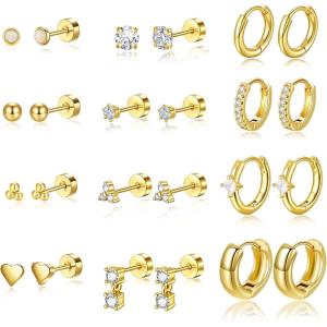 image:imageTurandoss Huggie Hoop Earrings Sets for Women 14K Gold Plated Small Stud Earring Hypoallergenic Cartilage Huggie Hoop Stud Flat Back Gold Earrings Stacks for Multiple Piercings Jewelry Gifts14K Gold Plated