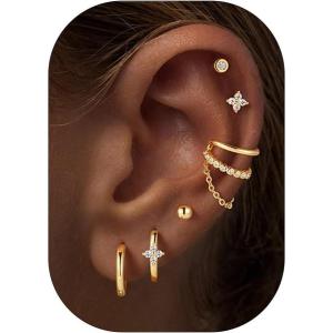 image:imageTurandoss 6 Pairs Gold Earrings for Women 14K Gold Plated Hypoallergenic Hoop Cartilage Earrings Chain Earrings Dainty Stud amp Hoop Earrings Set for Multiple Piercings14K Gold Plated