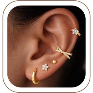 image:imageTurandoss Gold Hoop Earrings for Women  Dainty Hypoallergenic 14K Gold Plated Cartilage Earrings Stack Small Hoop Stud Earrings Set for Multiple Piercing CZ Gold Earrings for Women Trendy14K Gold Plated