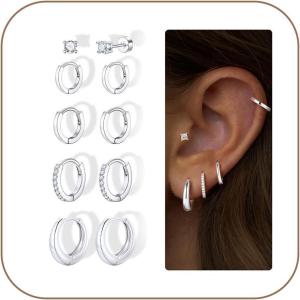 image:imageTurandoss Gold Hoop Earrings for Women Hypoallergenic 14K Gold Huggie Stud Earrings Cartilage Earrings for Multiple Piercing Hoop Earrings for WomenSilver Plated