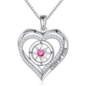 image:imageTurandoss Compass Graduation Gifts for Women Her 2026 S925 Sterling Silver Birthstone Necklace Engraved Class of 2026 Inspirational Graduation Necklaces High School College Gifts for Women Her10OctPink Sapphire