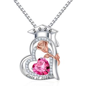 image:imageTurandoss Graduation Gifts for Her 2026 S925 Sterling Silver Heart Birthstone Graduation Cap Necklaces Class of 2026 High School College Graduation Gifts for Her10OctPink Sapphire