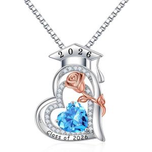 image:imageTurandoss Graduation Gifts for Her 2026 S925 Sterling Silver Heart Birthstone Graduation Cap Necklaces Class of 2026 High School College Graduation Gifts for Her03MarAquamarine