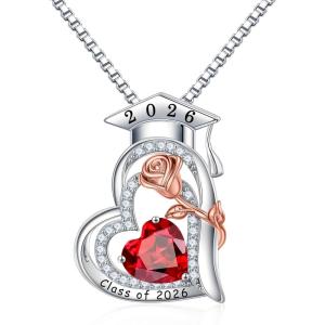 image:imageTurandoss Graduation Gifts for Her 2026 S925 Sterling Silver Heart Birthstone Graduation Cap Necklaces Class of 2026 High School College Graduation Gifts for Her01JanGarnet