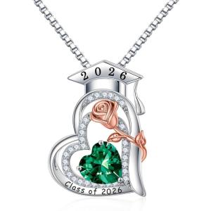 image:imageTurandoss Graduation Gifts for Her 2026 S925 Sterling Silver Heart Birthstone Graduation Cap Necklaces Class of 2026 High School College Graduation Gifts for Her05May Emerald